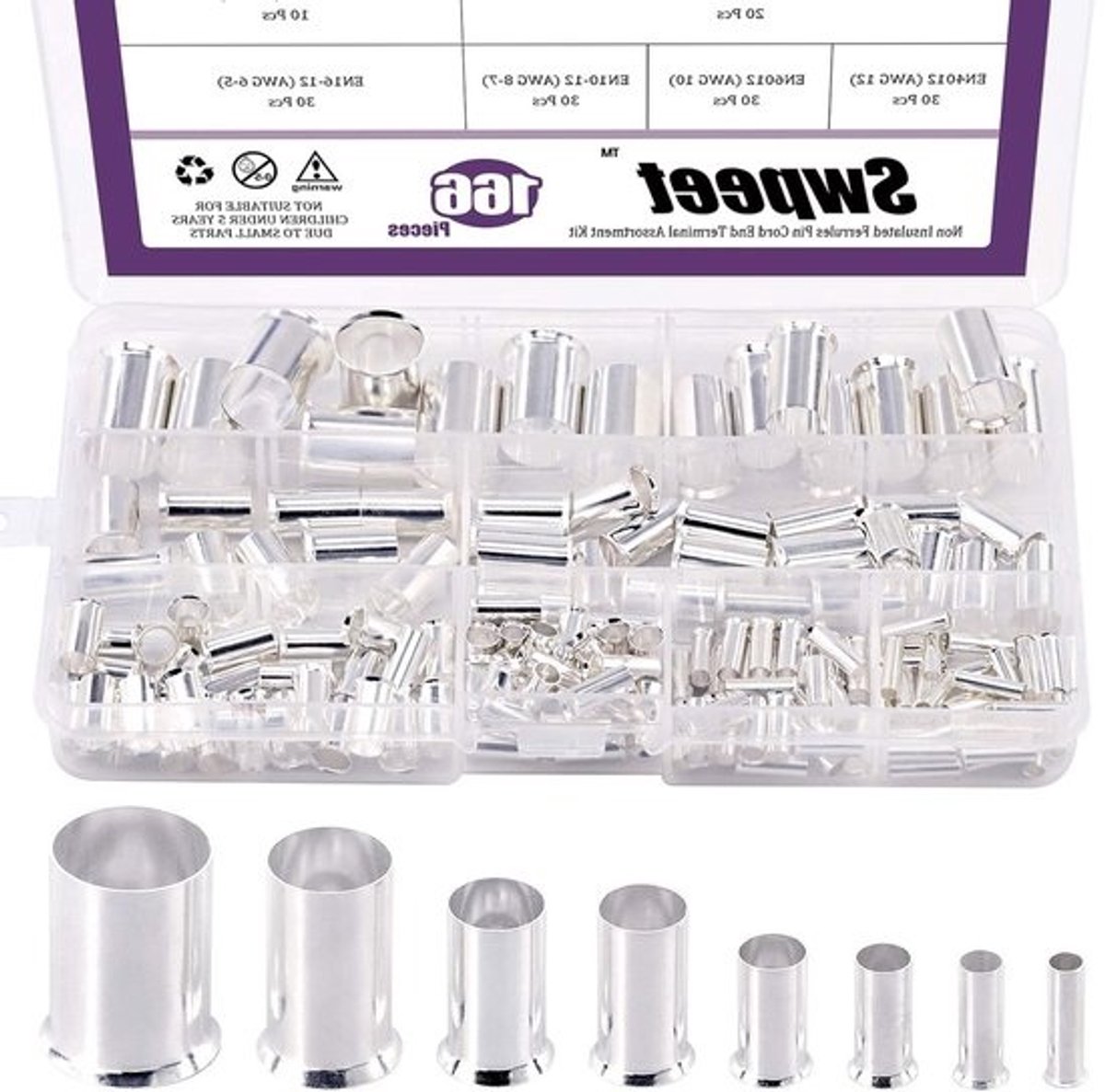 166-delige Assortiment Kit - 8 Maten Draad Koper Warmte Krimp Fittingen en Ferrules voor Elektrische Kabels, Tinned Copper Crimp Terminal Connectoren en Cord-End Ferrules