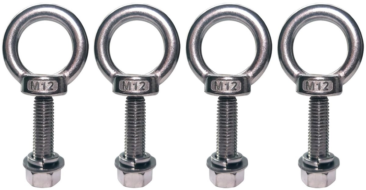 M12 x 50 mm, 4 stuks oogschroeven met zeskantmoeren en sluitringen, oogschroef roestvrij staal, eenheidsgieten, ringschroeven, oogbouten voor bevestiging en ophanging ringbouten