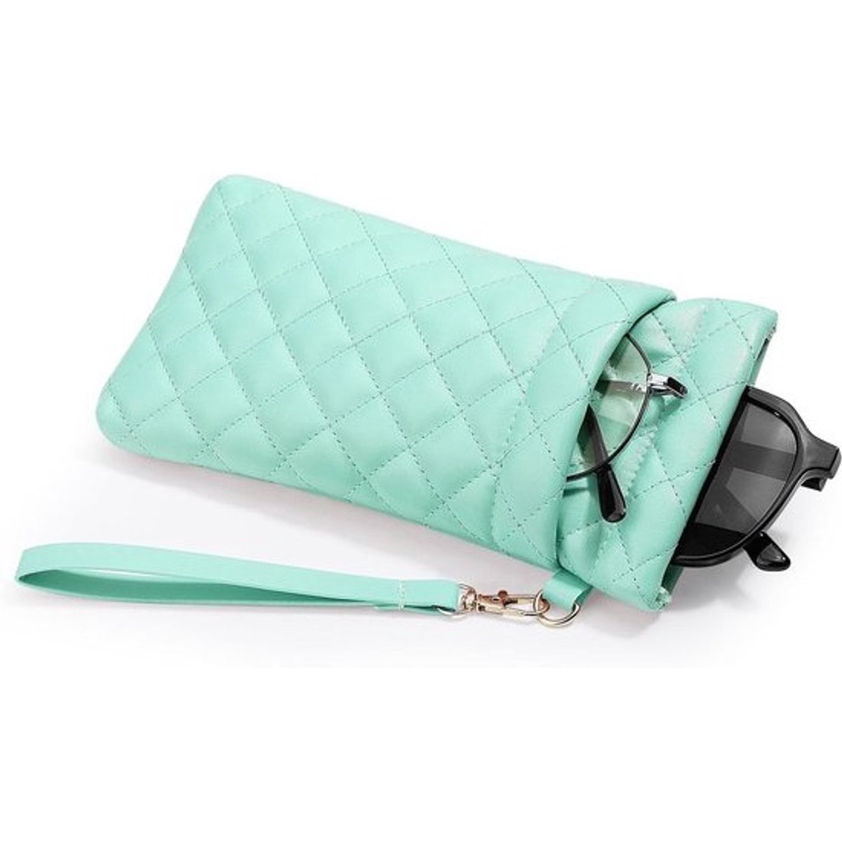 Brillenetui met draagriem - mintgroen - Zonnebril etui - zacht PU-leer - Groot formaat - Reinigingsdoek inbegrepen - Voor dames en heren