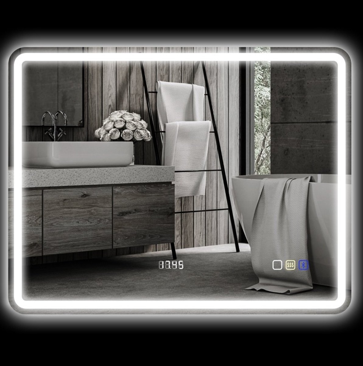 MIVRAY Badkamerspiegel – LED-Verlichting Met Bluetooth En Klok – 90 x 70 cm – Glas – Zilver – Wandmontage Condensvrij Met Geheugenfunctie