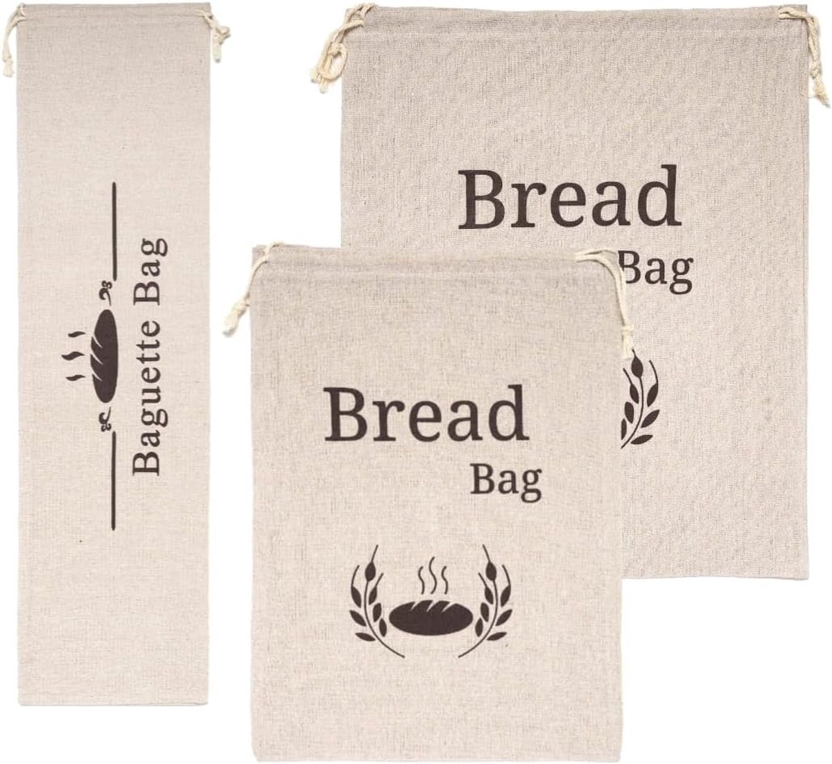 Broodzak 3 Pack | Stokbrood, grote en middelgrote tas linnen materiaal | 44 x 35 cm, 38 x 28 cm, 67 x 20 cm | Herbruikbare tas met trekkoord | Natuurlijke ongebleekte kleur