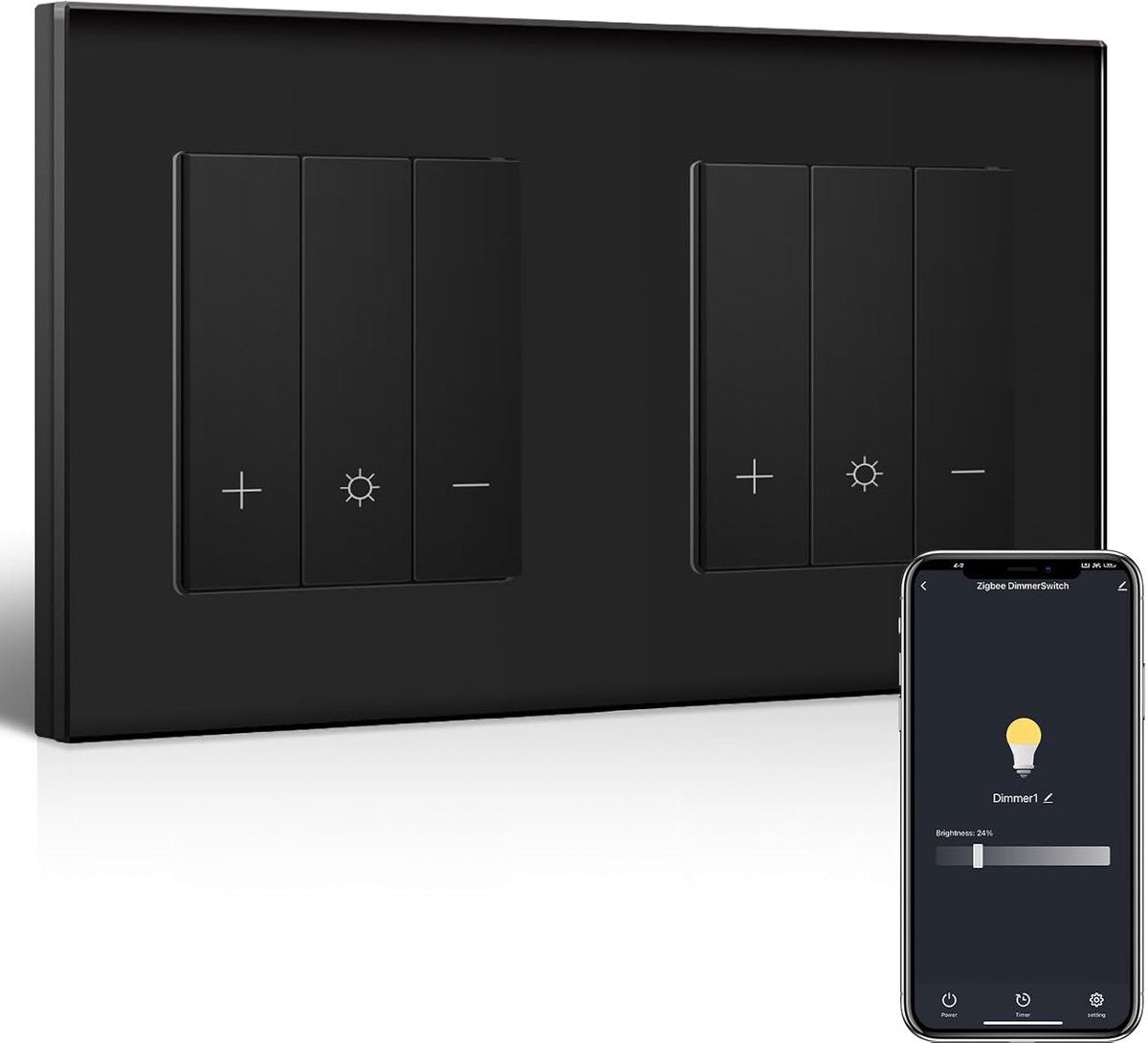 Dubbele dimmer-schakelaar, slimme dim-schakelaar, compatibel met Alexa & Google Home, inbouw lichtschakelaar dimbaar voor LED-lampen 240V, zwart (neutrale draad vereist)