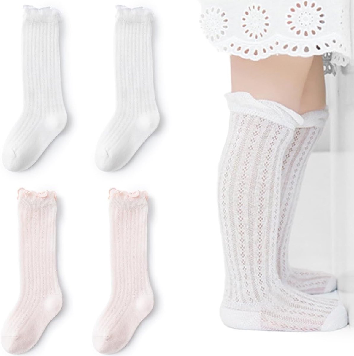 Sokken voor dames en meisjes, vlinderdas sokken voor dames meisjes voor pasgeborenen zomersokken kniehoog meisjes elegante netsokken meisjes doop prinses (wit, roze)