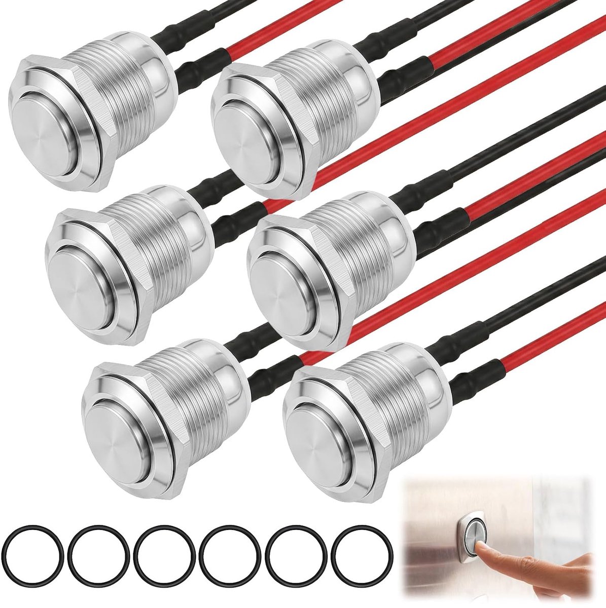 6 stuks 12 mm momentane drukschakelaar, metaal, waterdicht, met draad, uitstekende knop, schakelaar voor auto - ShopVlot
