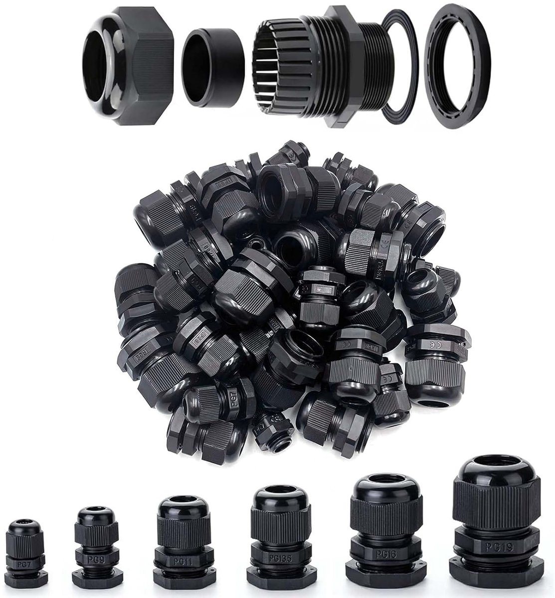 50pcs Cable Gland PG7 PG9 PG11 PG13.5 PG16 PG19 IP68 Waterproof Adjustable Cable Gland, Adjustable Cable Connectors - ShopVlot