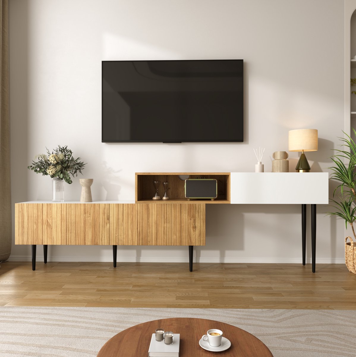 WUVRIE Modulair tv-meubel met verstelbare lengte - 2-delig met kabeldoorvoer - Wit/houtkleur