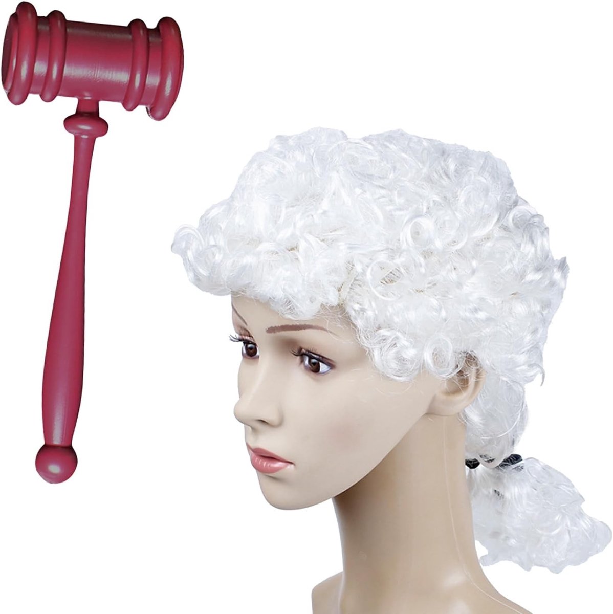 Twee Delige Kostuumaccessoires Set met Witte Perücke, Plastic Hamer en Halloween Make-up voor Feestjes en Theatervoorstellingen