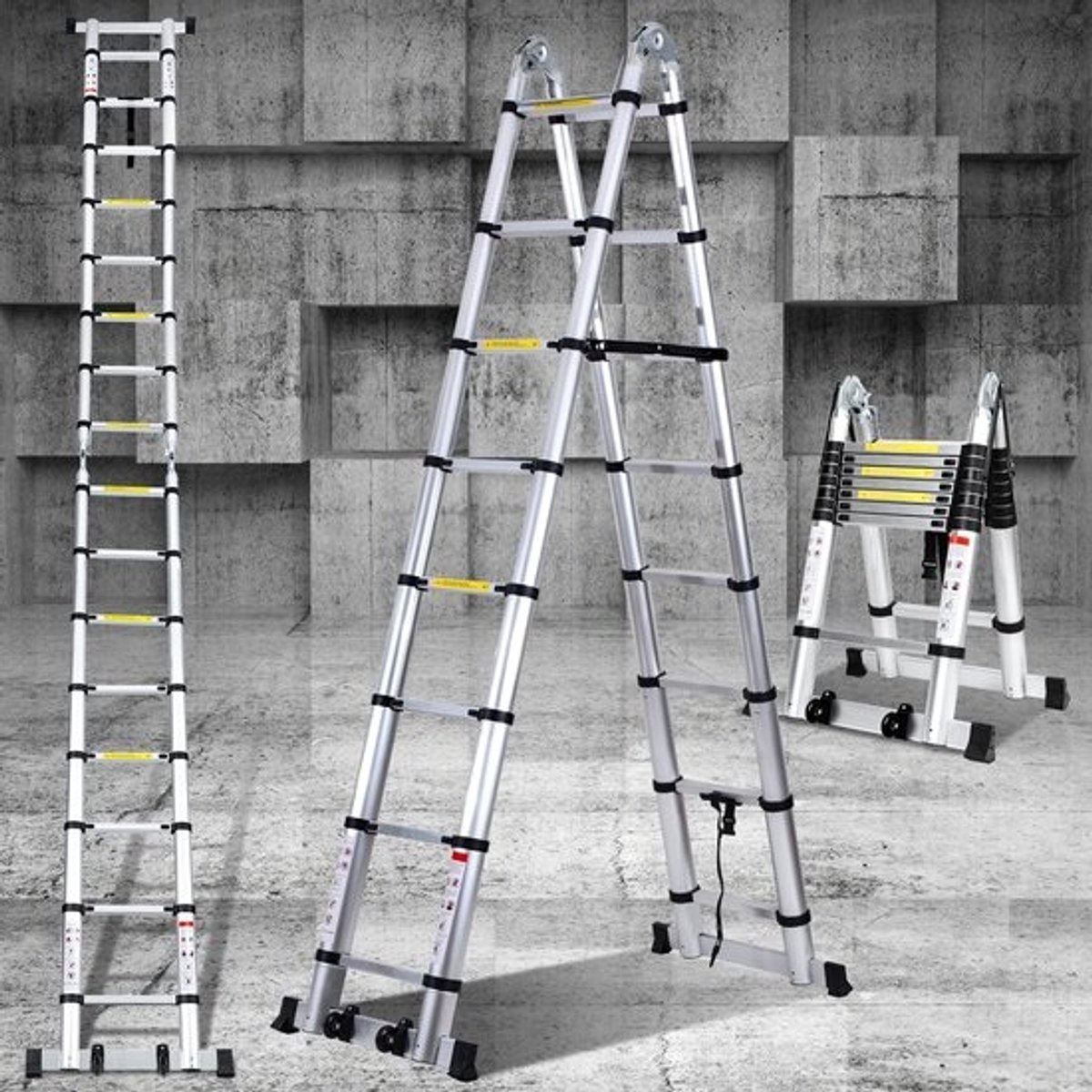 Telescopische aluminiumladder - Klapladder - vouwladder - Voor huishoudelijk onderhoud - Veilig - met vingerbescherming - 5 meter hoog - Zilver