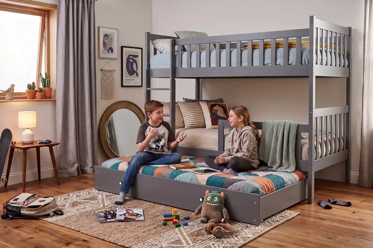 BMS KUBUŚ 90X200 Triple Youth Bed with Mattress and Drawer, Graphite