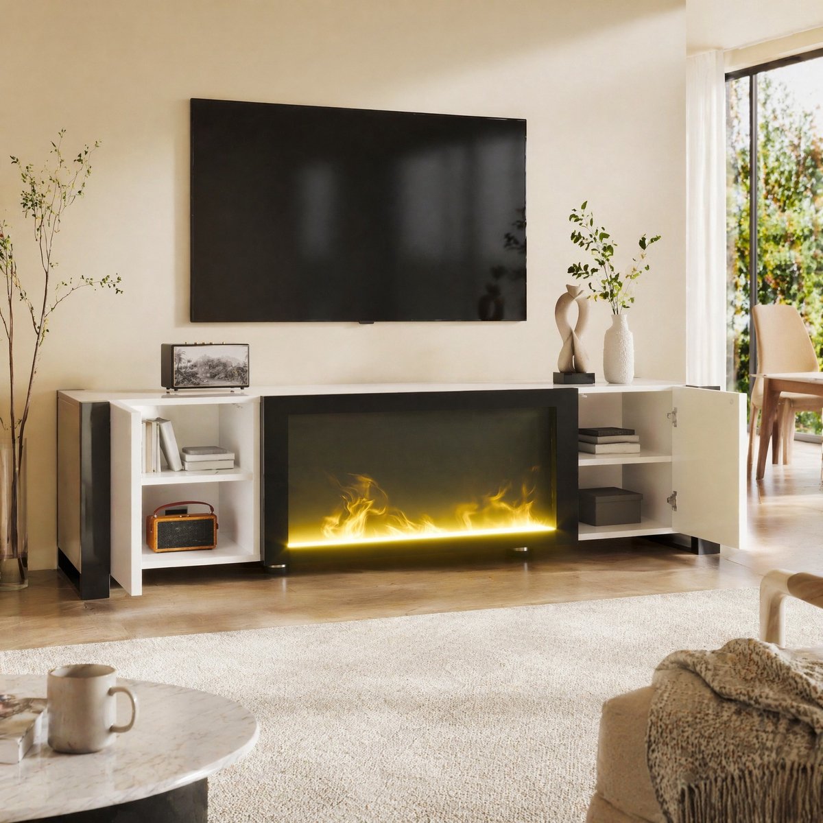 WUVRIE TV-meubel 165x32x55 cm - Elektrische sfeerhaard met vlameffect en 2 deuren - Wit/zwart