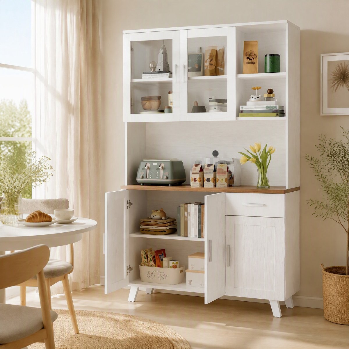 WUVRIE Buffetkast 114 x 40 x 190 cm - 5 deuren, lade en glazen deuren - Wit/bruin/houtkleur