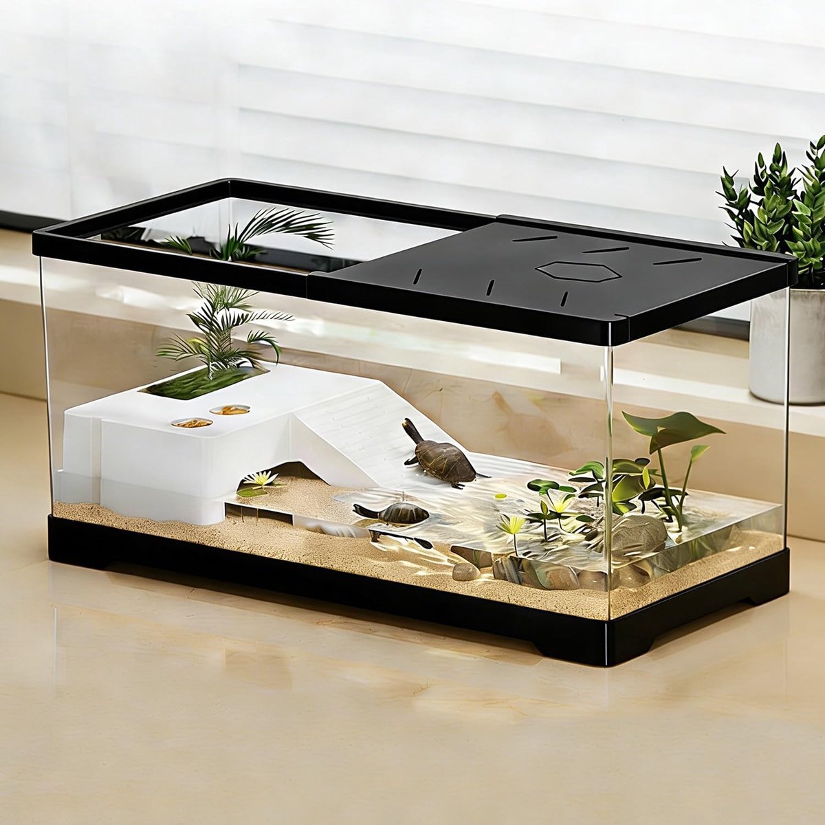 Turtle Aquarium with Ground Drain, 30 x 18 x 18.5 cm for Young Turtles, Water Crabs, Crabs, Amphibians and Reptiles - ShopVlot