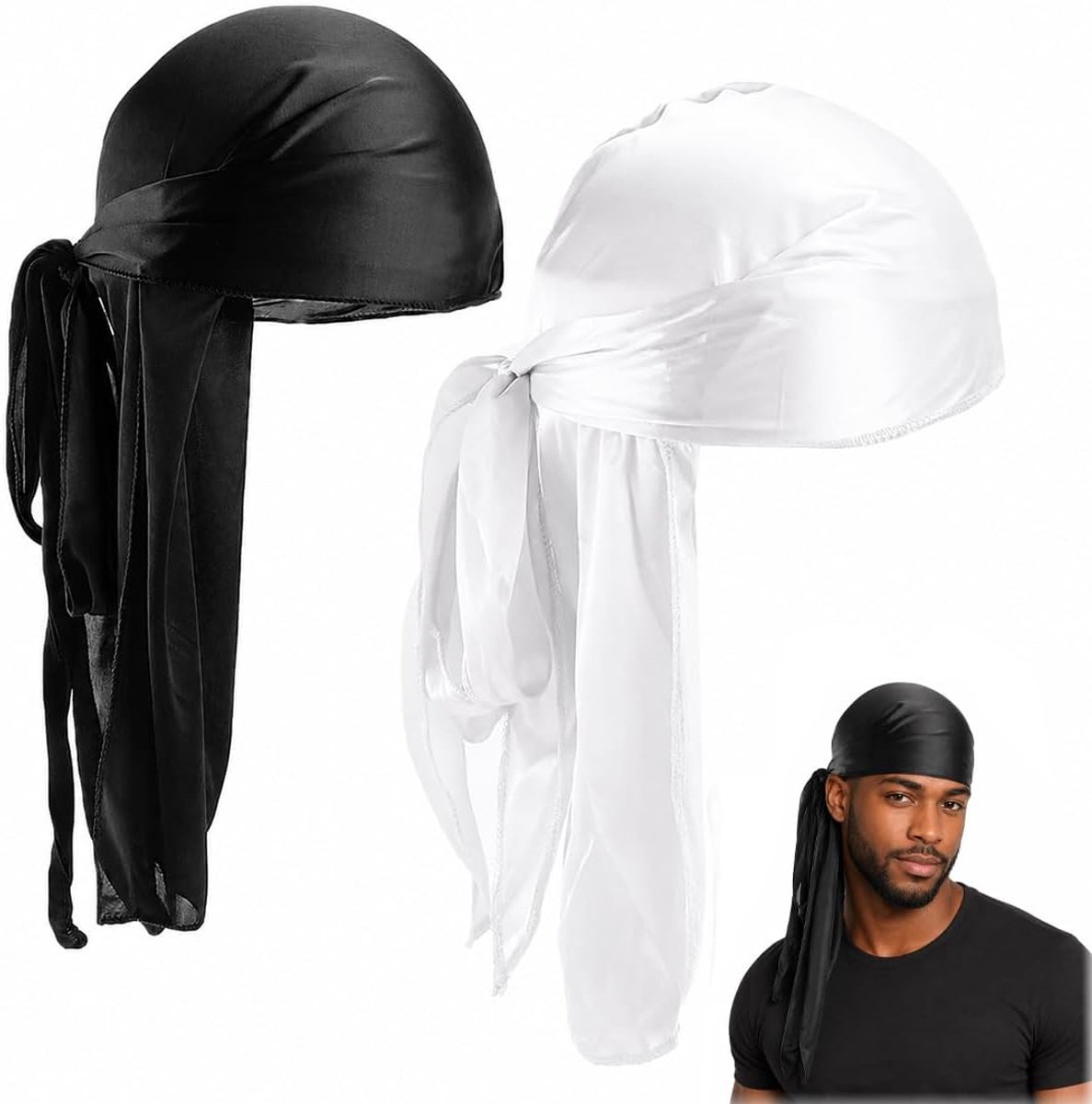 2-delige Durag zwart voor mannen, Durag voor mannen, zijdezachte piratenhoed met lange staart, elastisch en ademend - ShopVlot