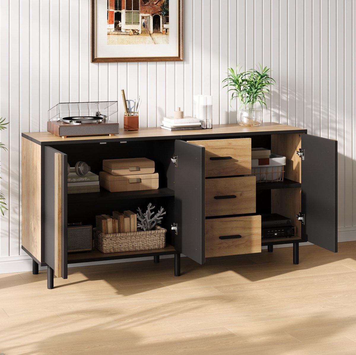 OKWISH Dressoir - 3 Deuren En 3 Lades - Woonkamer, Eetkamer Of Hal - MDF Zwart En Houtkleur - 140 x 35 x 70 cm