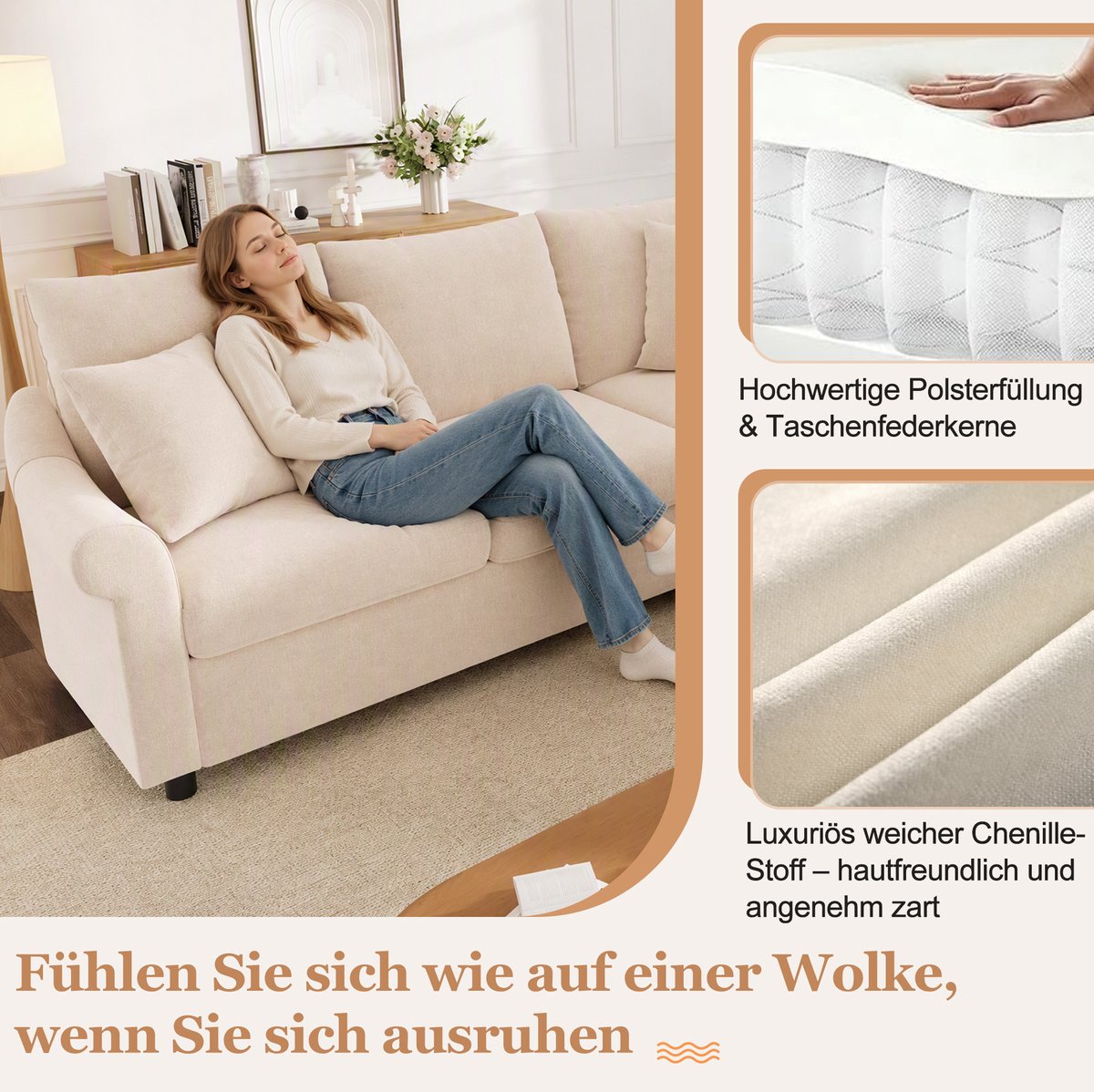 MIVRAY Hoekbank 217 x 217 x 83 cm - L-Vorm Met Afneembaar Zitkussen En Pocketveren - Voor Woonkamer - Chenille Beige