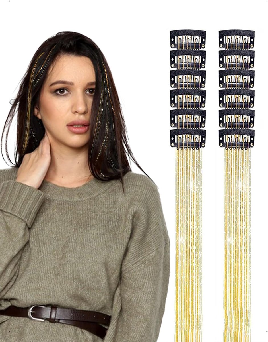 Haartinsel Clip In Glitter Haarstrengen - 50CM Lametta Extensions - Gouden Glitter Strengen - Eenvoudig te gebruiken - ShopVlot