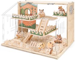 Wooden Hamster Cage Large, 16 Inch 3 Ply Acrylic Hamster Cage, Small Animal Cages with Platform and Play Area for - ShopVlot