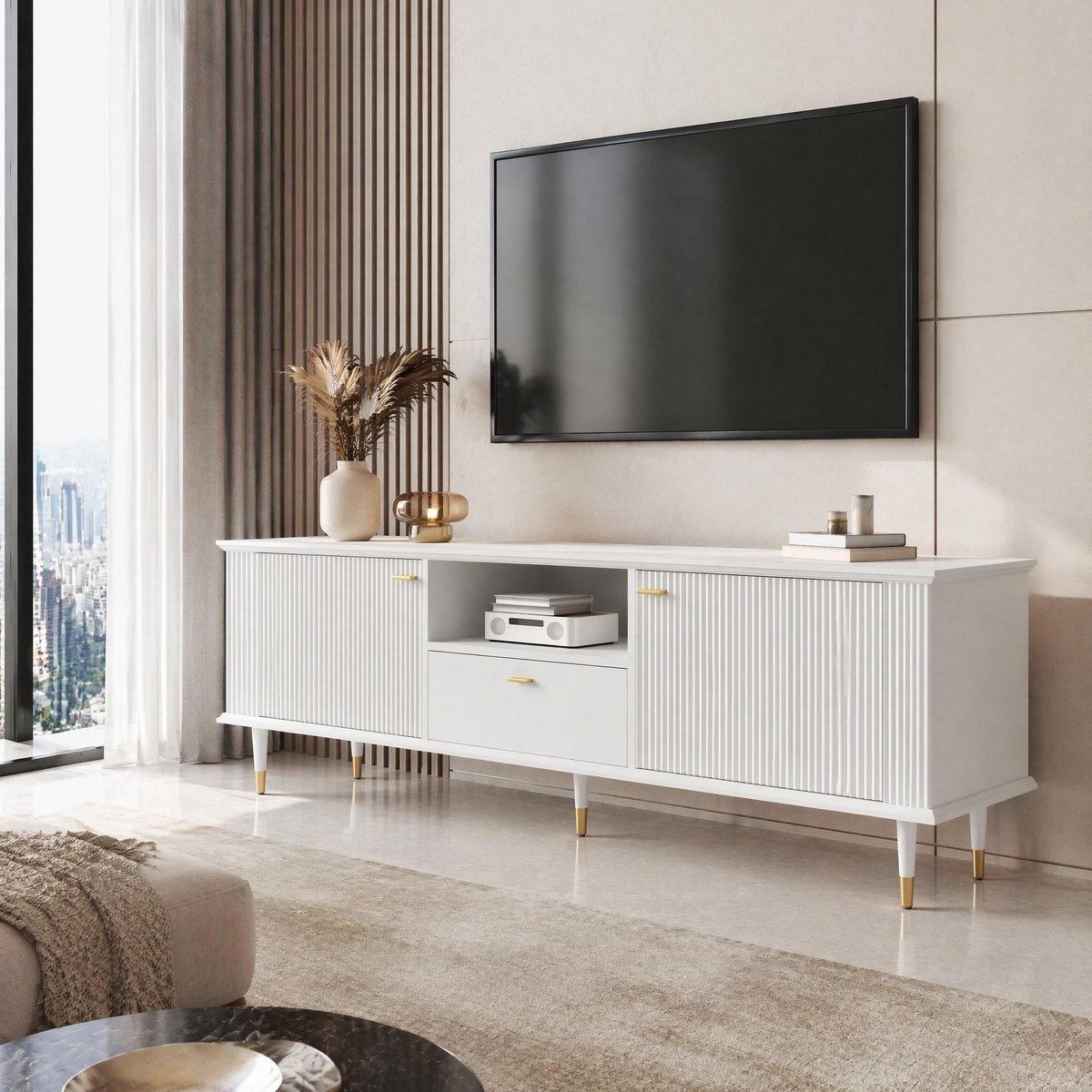 WUVRIE Tv-meubel 170 x 36 x 54 cm - 2 deuren, open vak en lade - Kabelopeningen - Wit