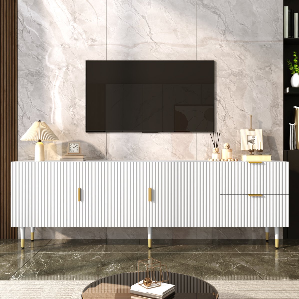 OKWISH TV Meubel Met Laden En 3 Deuren Voor Woonkamer MDF En Spaanplaat Wit Met Gouden Handgrepen En Verstelbare Poten 170 x 35,5 x 55 cm