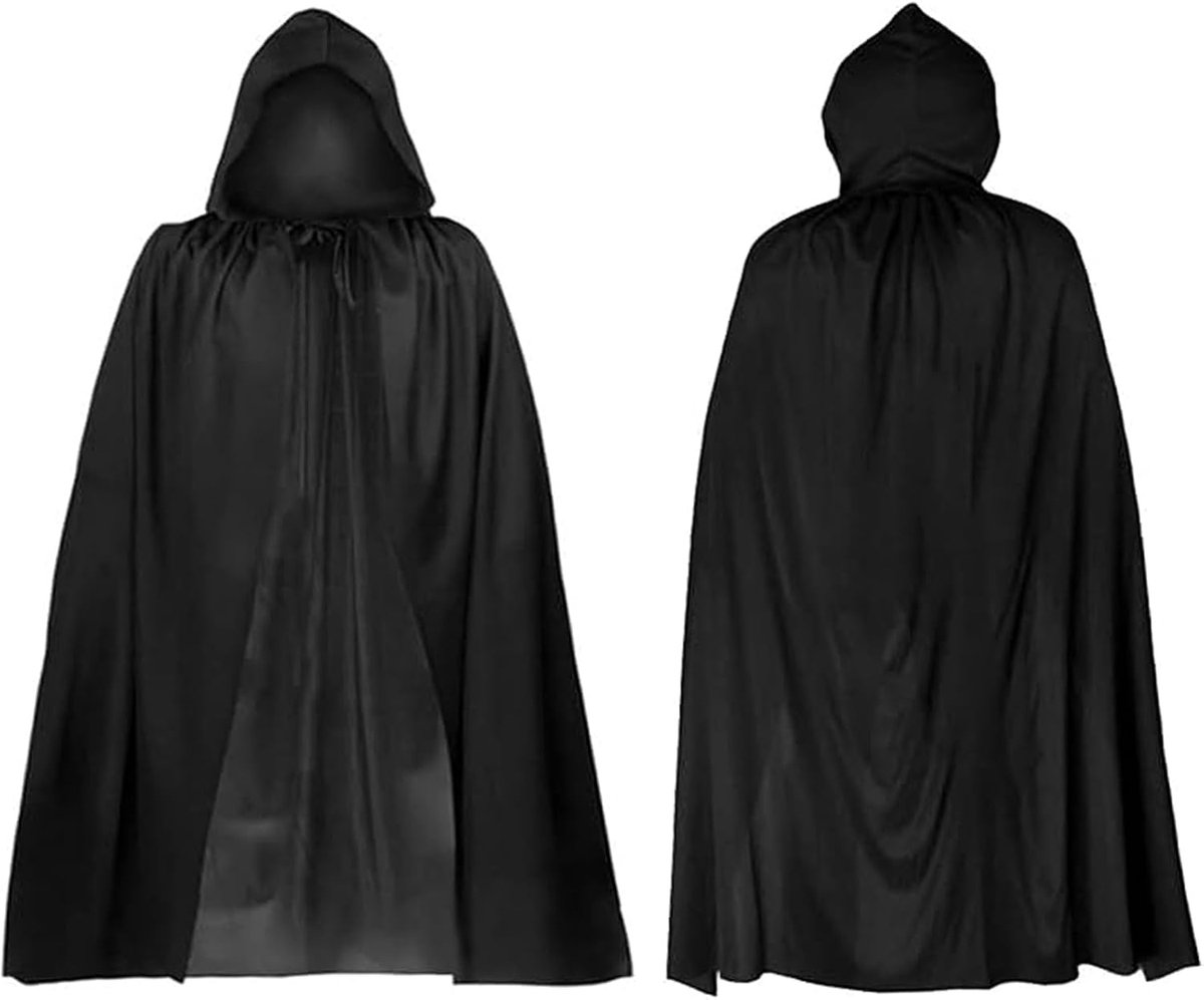 Cape met capuchon, zwarte cape met capuchon, Halloween heksencape, halloweenkostuum met Halloween tattoostickers, heks cosplay accessoires, volwassenen, kinderkostuum