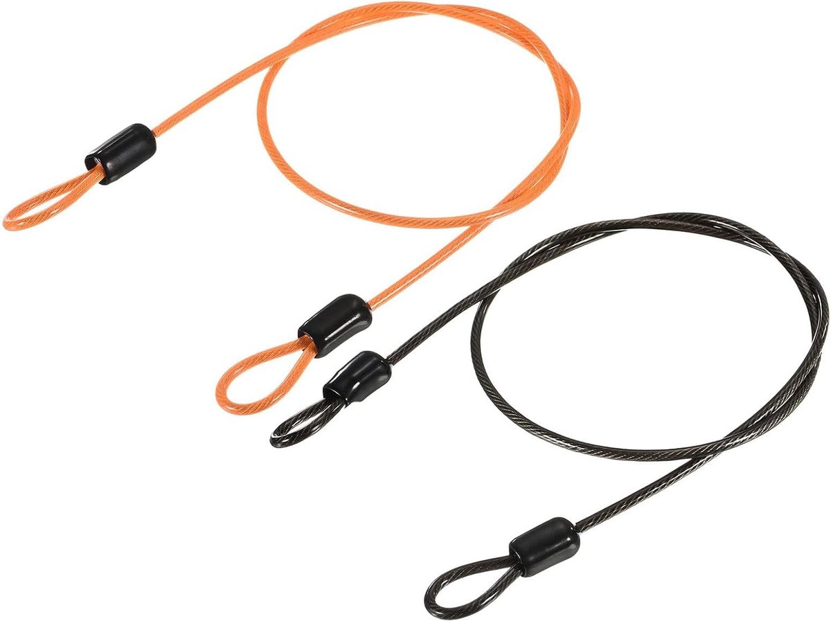 2 Stuks 2.5mm x 2m Coated Veiligheidssnoer met Dubbele Lus - Flexibele Beveiligingskabel voor Fietsen, Bagage en Buitenactiviteiten in Zwart en Oranje