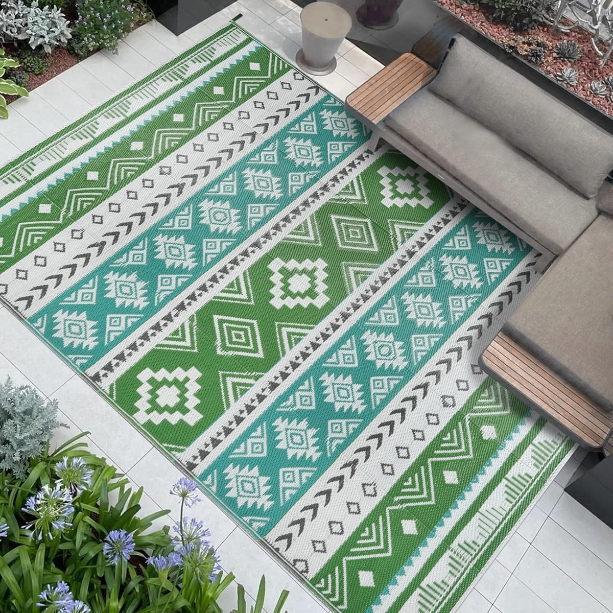 Outdoor tapijt, weerbestendig, outdoortapijt, 150 x 245 cm, uv-bestendig, kunststof, lichtgewicht, opvouwbaar, balkon, tapijt, blauw, grijs, voor terras, tuin, barbecue, picknick, dek