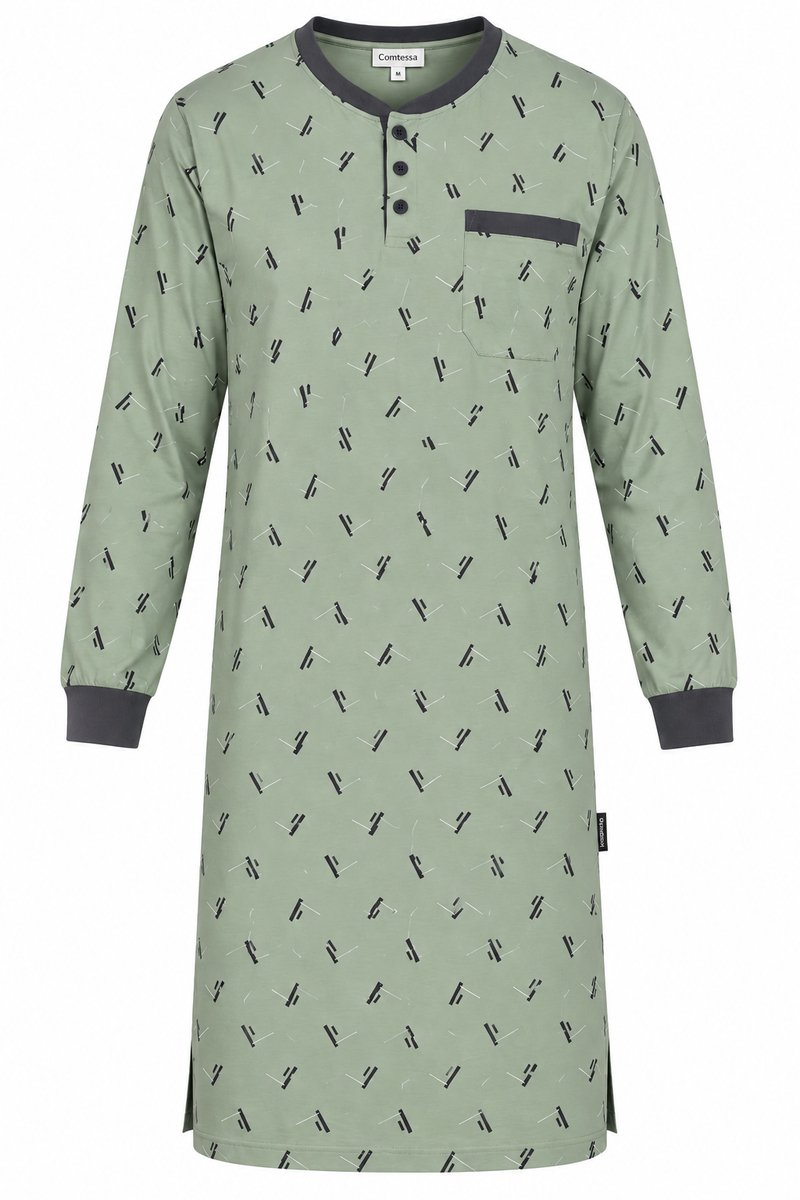 Comte - Heren Nachthemd Lange Mouw – Groene Print – 100% katoen - maat XL