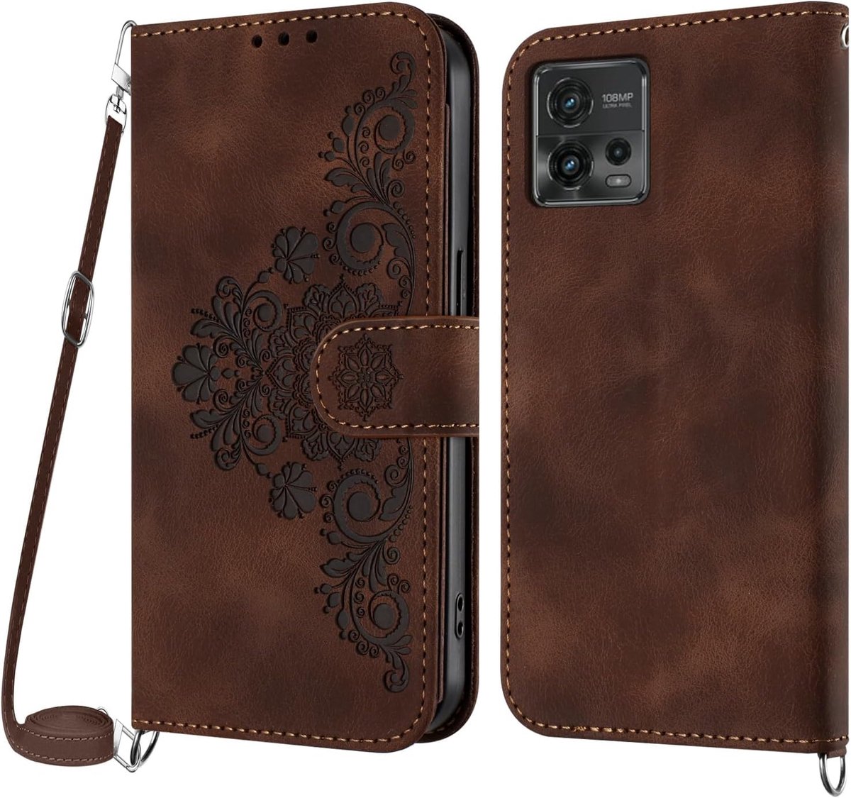 Hoesje voor Motorola Moto G72 met koord, Lederen Flip Wallet Telefoon met pasjeshouder Kickstand Magneetsluiting Compatibel met Moto G72 - Bruin