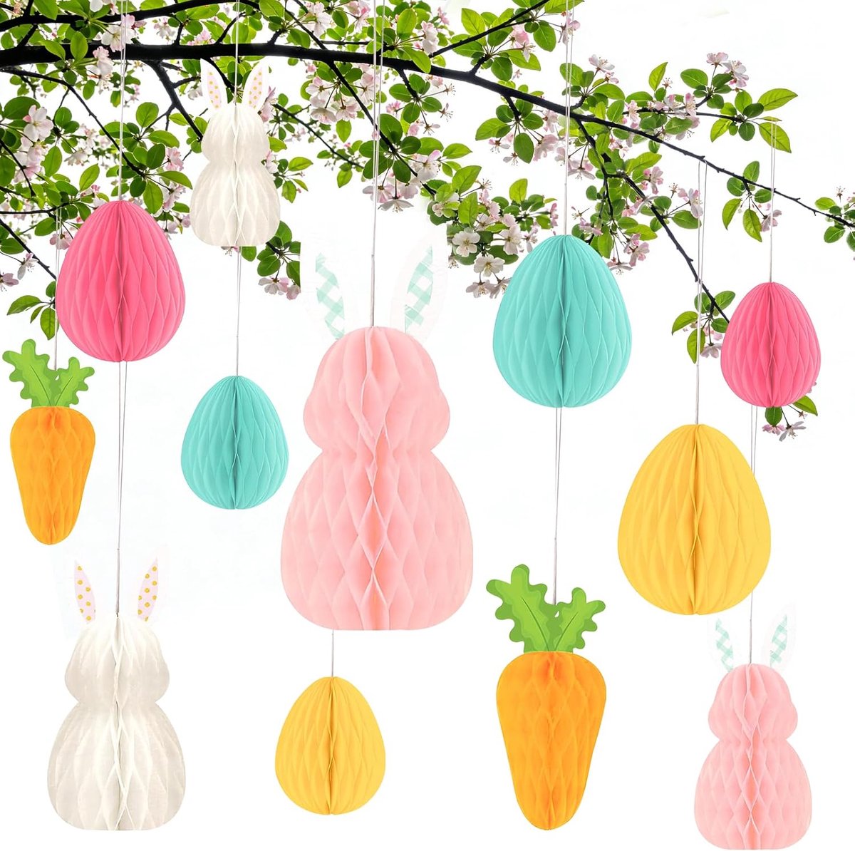 12 stuks paasdecoratie om op te hangen, paaseieren om op te hangen, papieren paashaas, herbruikbaar, 3D-honingraat, hangende decoratie, Pasen, lente, voor binnen en buiten, deur, woonkamerdecoratie