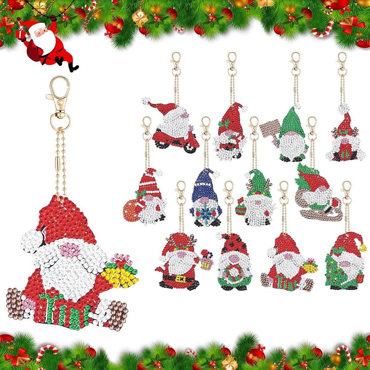 12 Stuks Kerst Diamantkunst Sleutelhangers Set, 5D Edelsteen Diamant Schilderij Knutselsets, Diy Edelsteen Schilderij Sleutelhanger Kerstman Boor Hanger Feest Kerstversieringen Voor Kerst