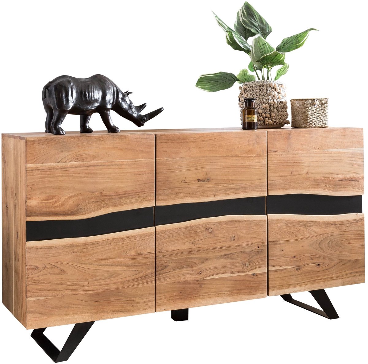 Sky Style dressoir Satara 148 x 85 x 43 cm massief hout Acacia Natuurlijk Wane dressoir | Landelijke stijl Highboard met 3 deuren | Hal kast dressoir Zie omschrijving