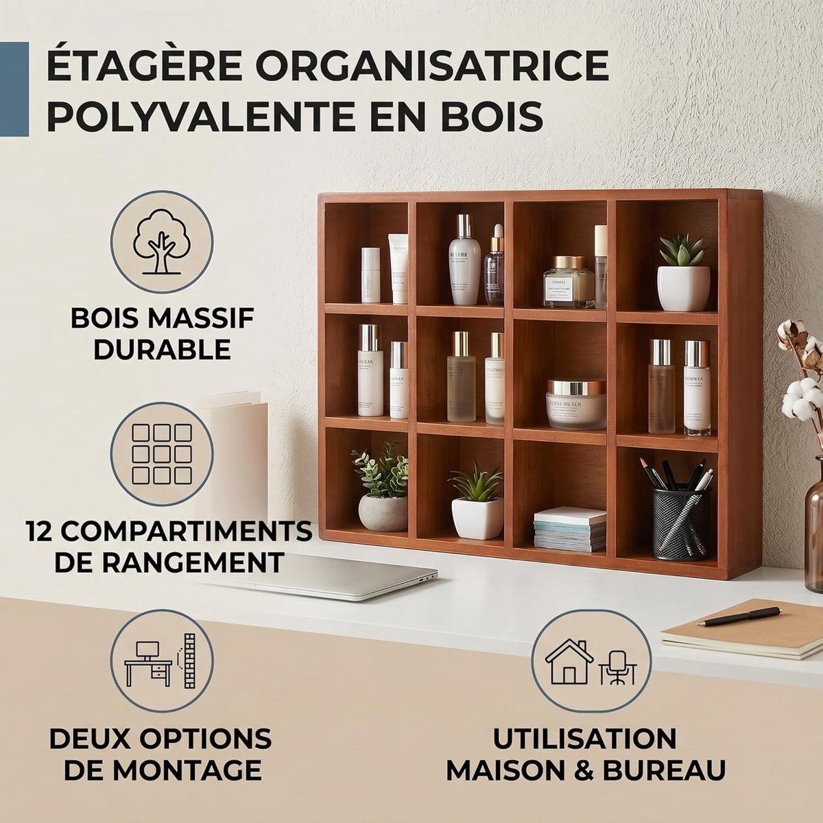 SnelShoppen - Vintage Houten Trinket Shelf Wandrek - 12 Compartimenten Mokken en Knick Knacks Display Plank - Stevige Elegante Houder met Glanzende Ra — cadeau in Wonen & Interieur - foto 3