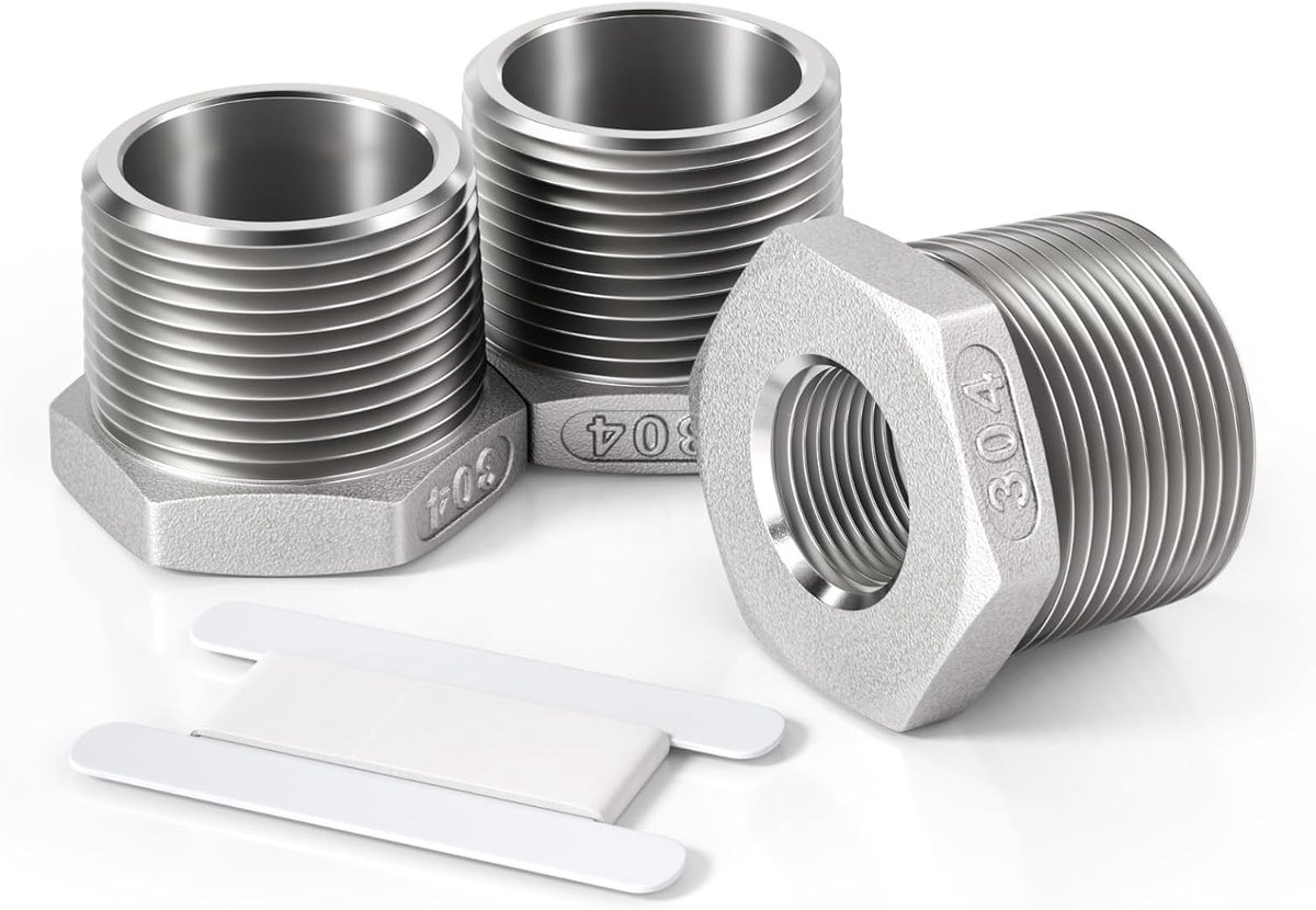 Bwintech 3 Pcs 3/8" Male to 1/4" Female BSP Thread Stainless Hex Bushing Reducing Connector for Pipe Connection - ShopVlot
