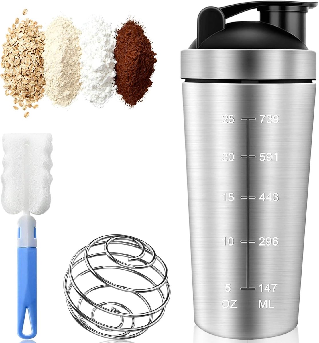 SnelShoppen - RVS Protein Shaker 750 ml met Roerbal en Borstel, Lekvrij, BPA-vrij, Dubbelwandig Waterfles voor Fitness, Krachttraining, Fietsen