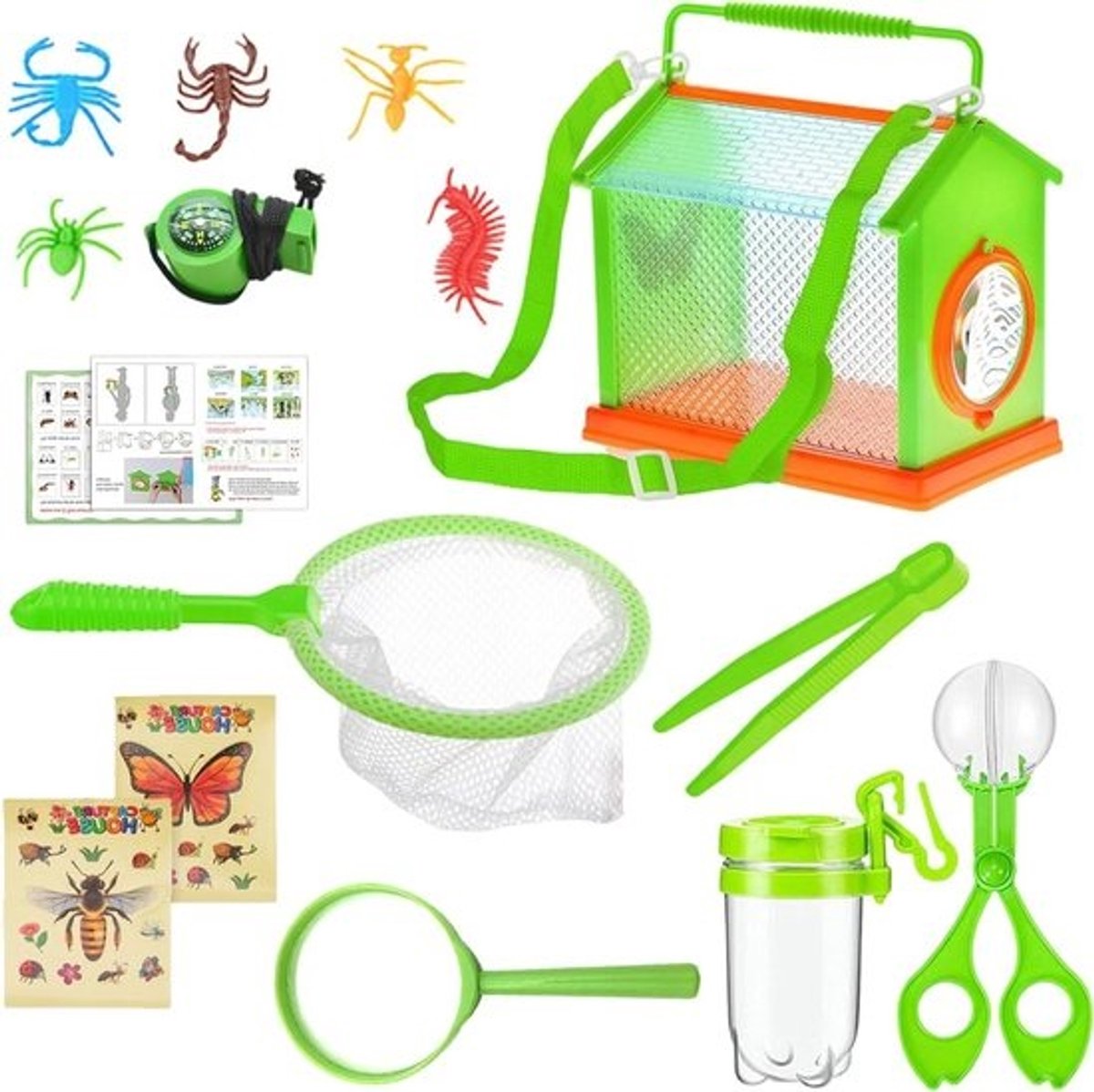 Wetenschappelijke avonturenset - Kinder-explorerset - Voor natuurontdekking - Inclusief kooi en schep - 22.5 cm kooi - Groen