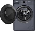 Lave-linge gris avec porte noire ouverte, panneau de commande numérique et capacité de 7 kg.