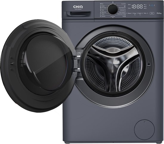 Lave-linge gris avec porte noire ouverte, panneau de commande numérique et capacité de 7 kg.