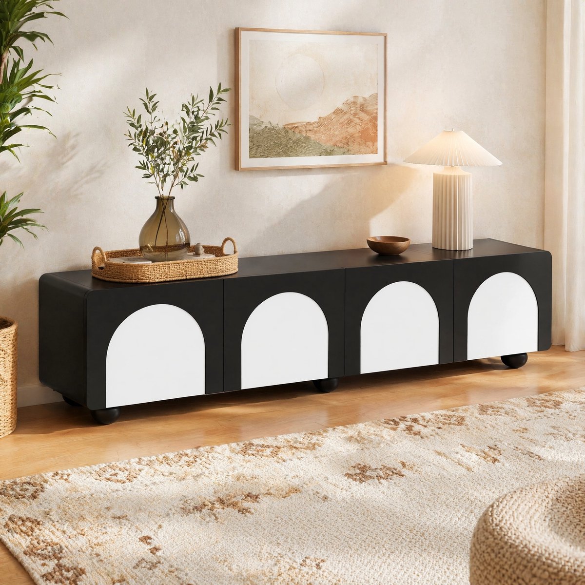 WUVRIE TV-meubel 180x38x45 cm - 2 lades en 2 deuren met kabeldoorvoer - Zwart/wit