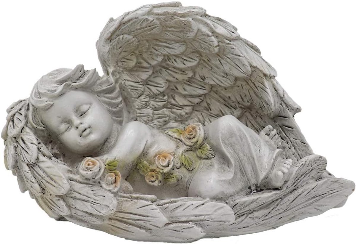 Slapende engel met vleugels figuur 19 cm breed van polyhars antiek design