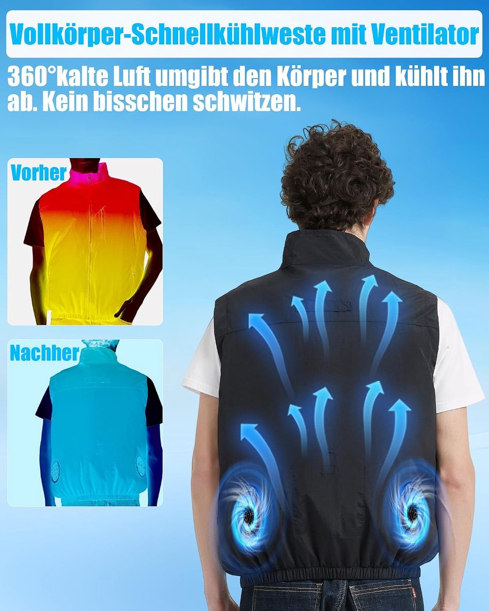 Koelvest met 2 borstelloze ventilatoren en 21 V, 20.000 mAh accu, koelventilatorvest voor mannen en vrouwen, 4 snelheden, licht en ademend, ideaal voor outdoor, werk, fietsen