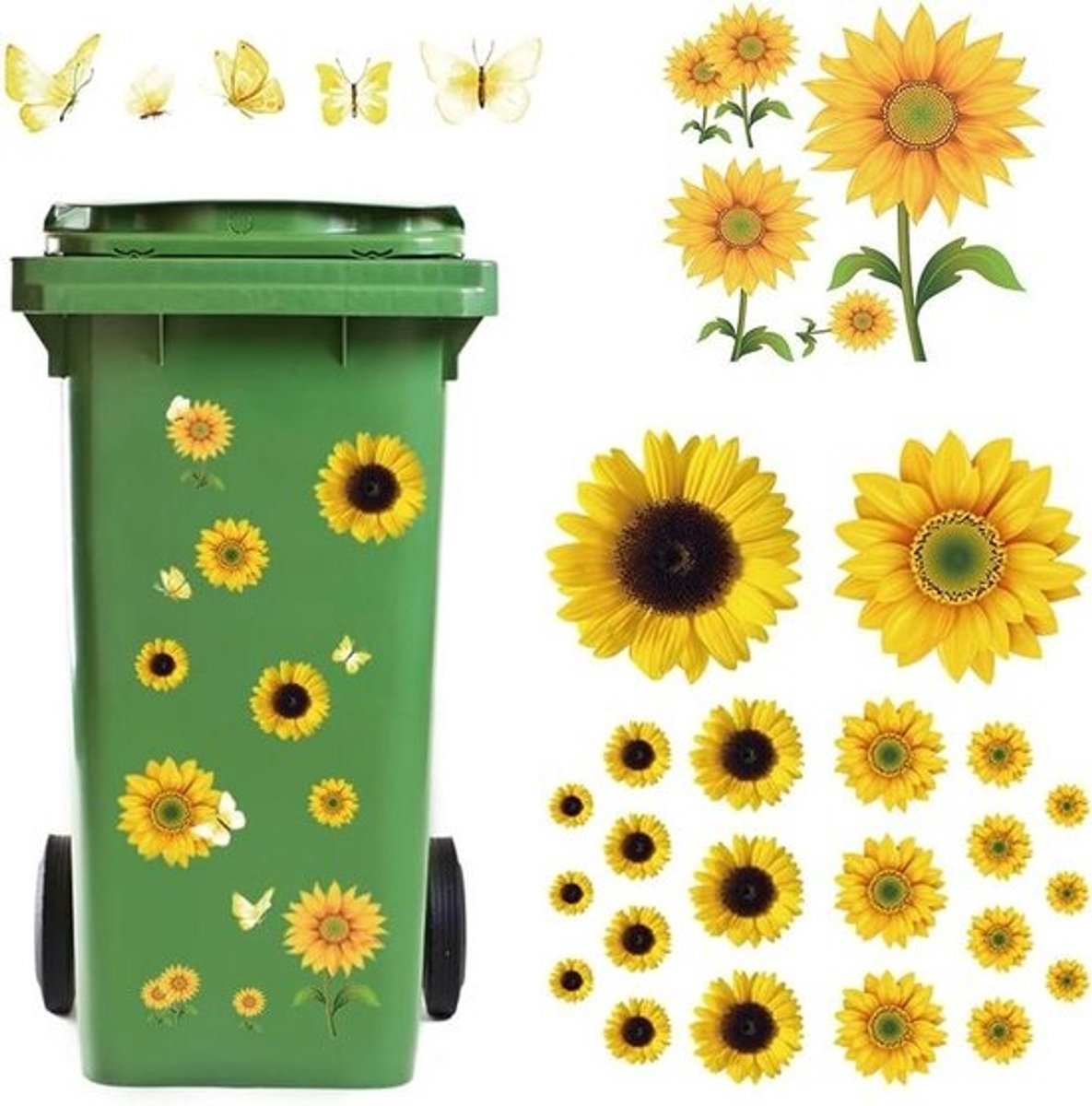 Zonnebloemstickers voor vuilnisbakdecoratie - Waterdicht en zelfklevend - Set van 3 - Geschikt voor muren, deuren, vuilnisbakken en koelkasten