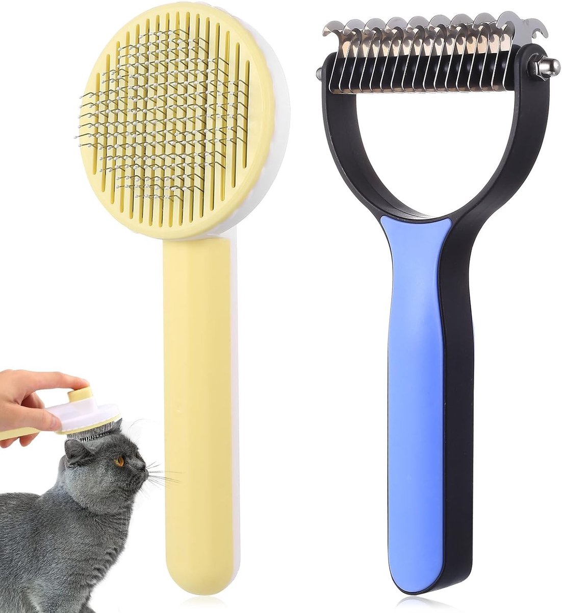 Honden- en kattenborstel set voor lange en korte vachten, zelfreinigend en dubbelzijdig met één drukknop