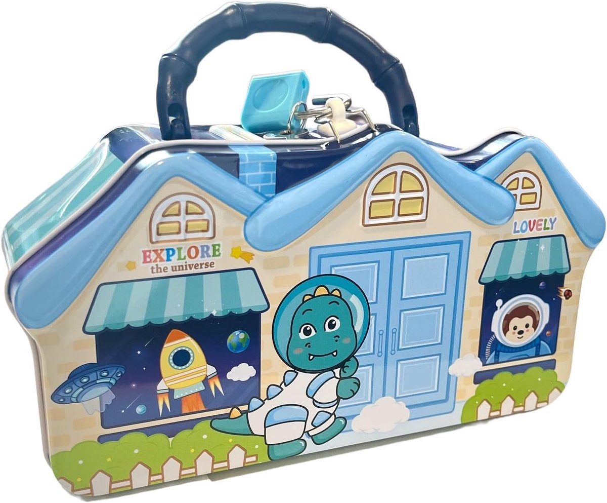 Spaarpot van metaal met slot en sleutel, groot formaat voor jongens en meisjes (spaarpot blauw huisslot)