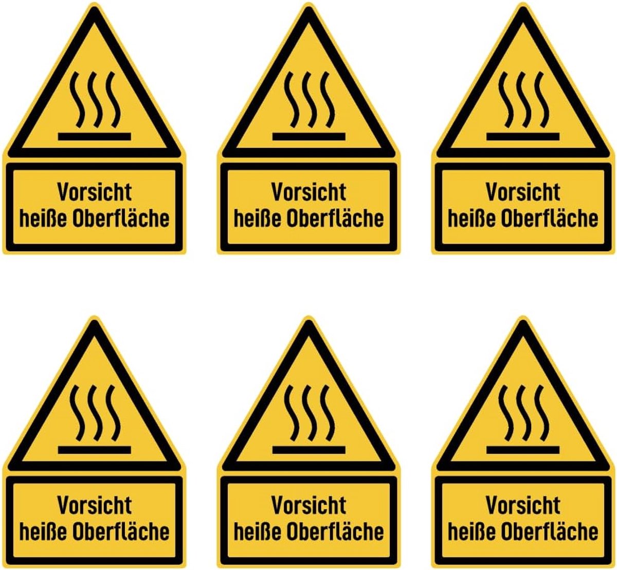 75 x 50 mm, 6 stuks - voorzichtig heet oppervlak - waarschuwingsteken met tekst (Duits) (geel/zwart) - driehoek - W017 - DIN EN ISO 7010 / ASR A1.3