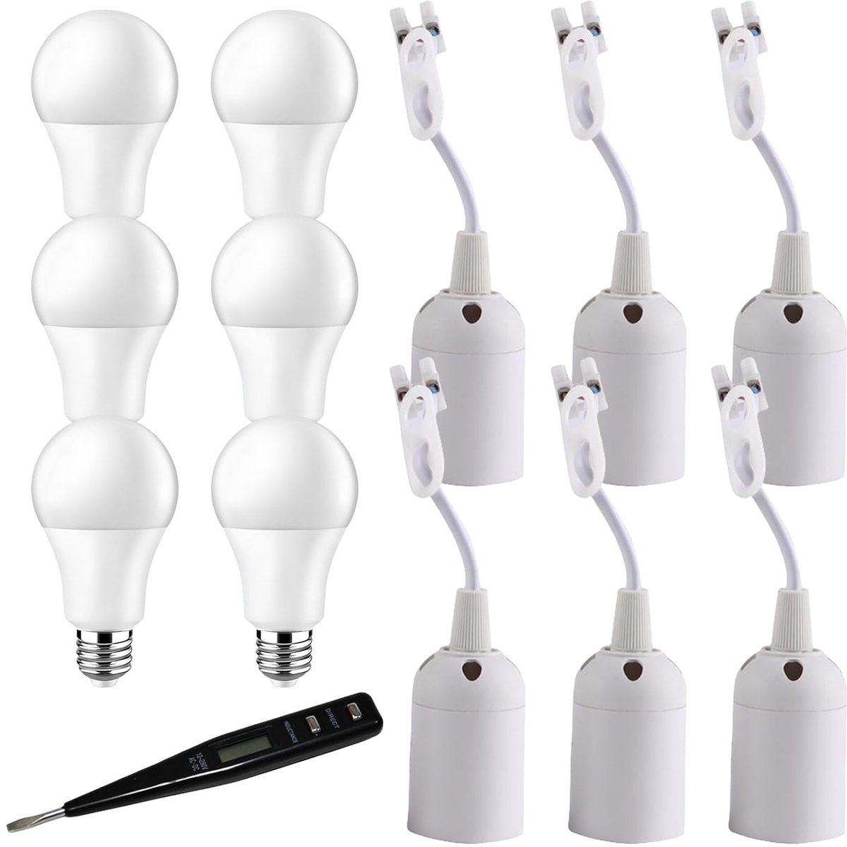 13-delige fittingset, 6 stuks lampfittingen E27 + 6 stuks LED E27 witte gloeilamp set met spanningstester, renovatiefitting E27 max. 60 W 250 V, bouwplaatsfitting E27 reserveketting