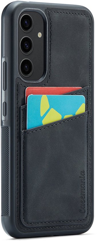 Donkergrijs Casemania hoesje met kaarthouder en creditcards, zwart frame, zijkant met textuur.