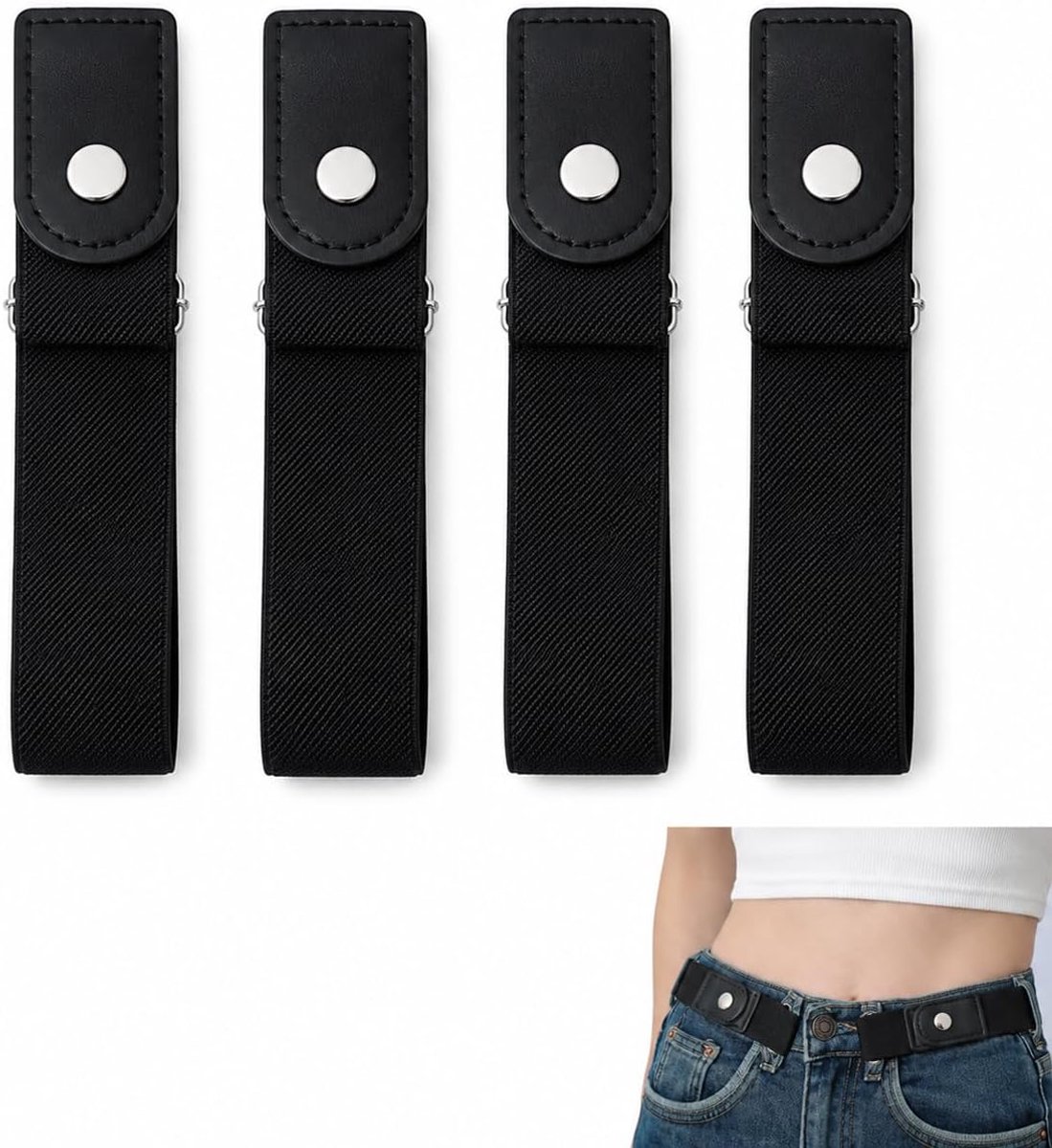 4 stuks zwarte riem zonder gesp voor dames en heren, verstelbare elastische gesploze riem voor heren en dames - ShopVlot