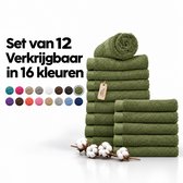 Set van 12 olijfgroene handdoeken, verkrijgbaar in 16 kleuren, getoond met een katoentakje.