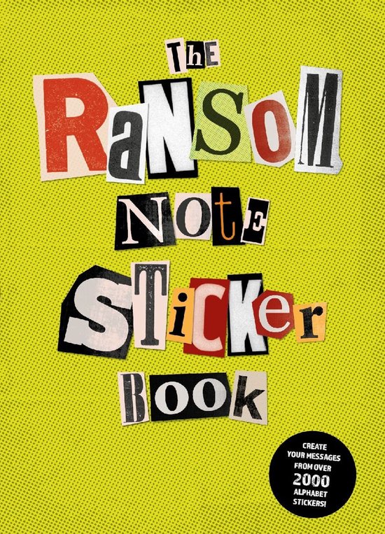 Stickerboek met 'The Ransom Note' in losse krantenknipselletters op een felgele stippelachtergrond.