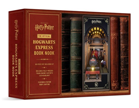 Harry Potter Hogwarts Express boeksteun bouwpakket met verlichte trein, ingebed in een decoratieve boekenplank.